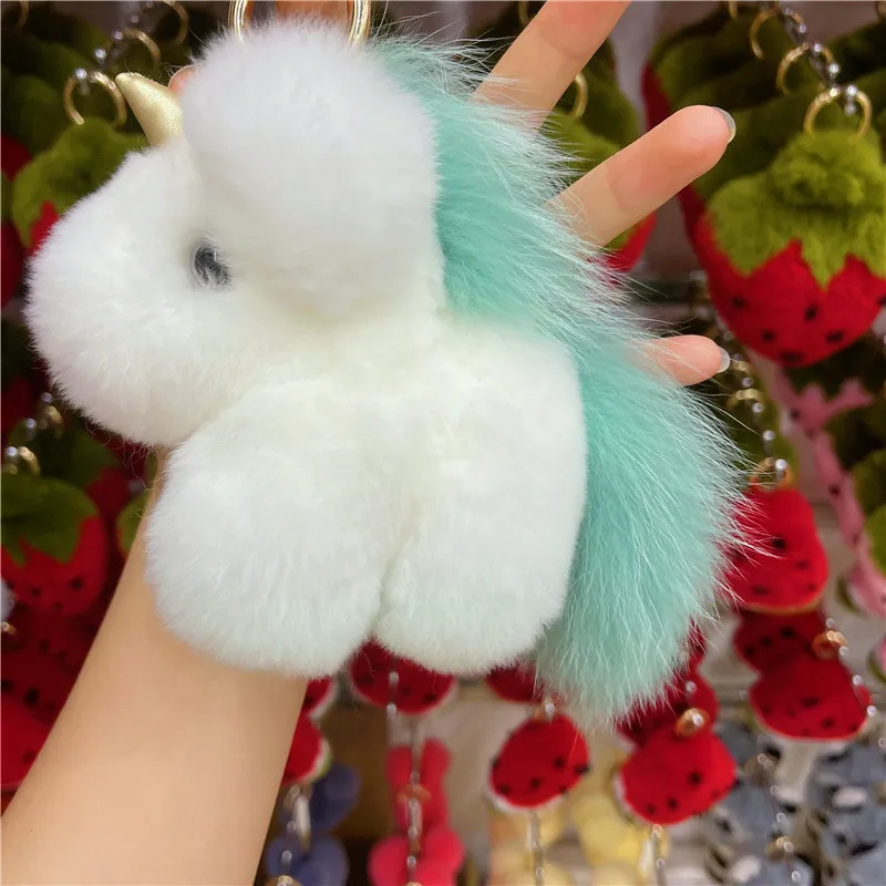 Korean Ins Cute Plush Pony Pendant Rex Rabbit Fur Unicorn Bag Pendant Key Chain Accessory Birthday Gift