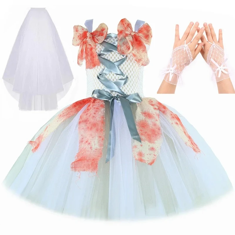 Bloody Ghost Dead Zombie Bride Tutu Dress Girls Halloween Costumes for Kids White Carnival Party Scary Outfit Horror Clothes