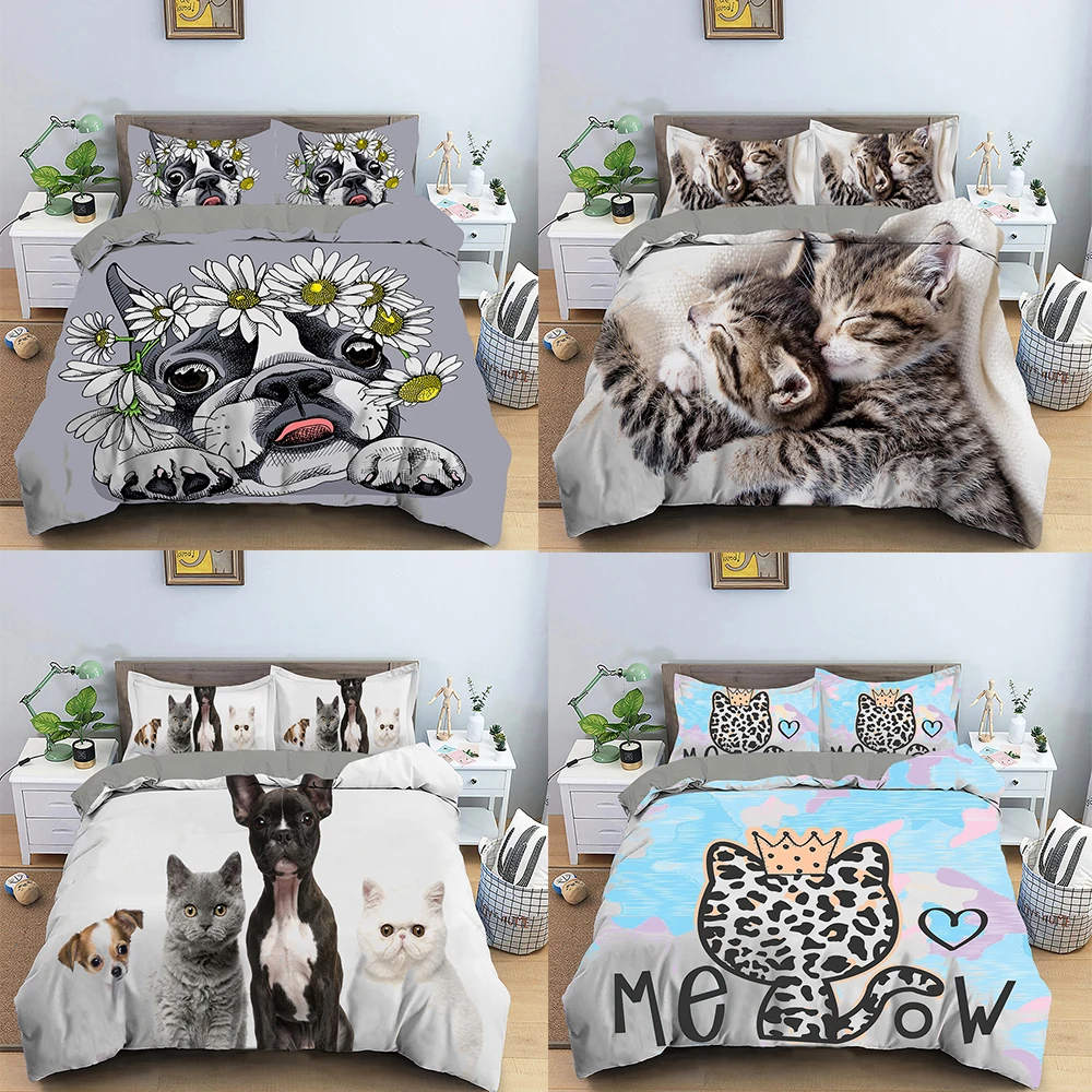 Lovely Cat Dog Microfiber Bedding Set Duvet Cover Adult Bedclothes Covers Comforter Sets Pillowcase Queen Cartoon Animal