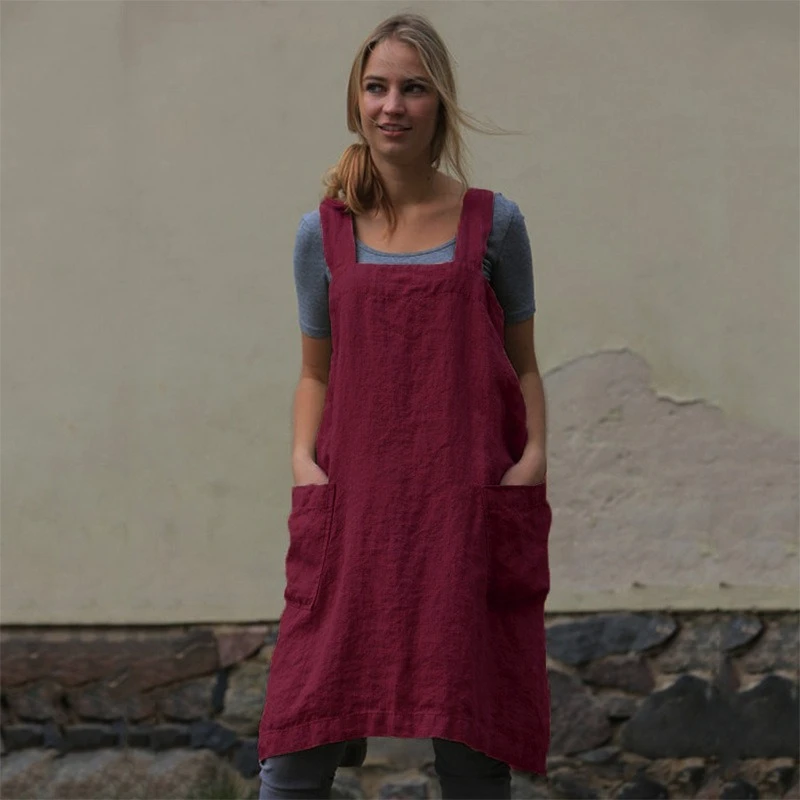 

Женский фартук-платье ручной работы, однотонный серый, с квадратным воротником, из хлопка и льна, винтажный, для кухни, с карманами, для дома и сада