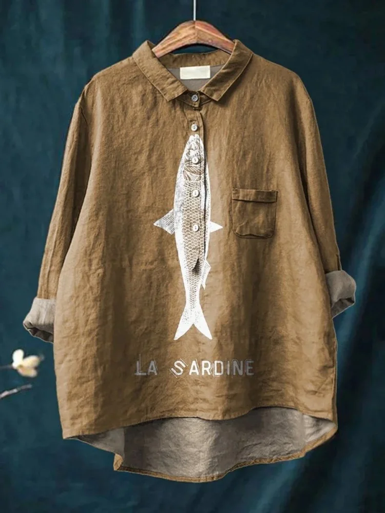 

Women's Salty Fish Printed Funny Shirt Casual Loose Office Lady Lapel Collar Tunic Plus Size Long Sleeve Pockets Female Blouse