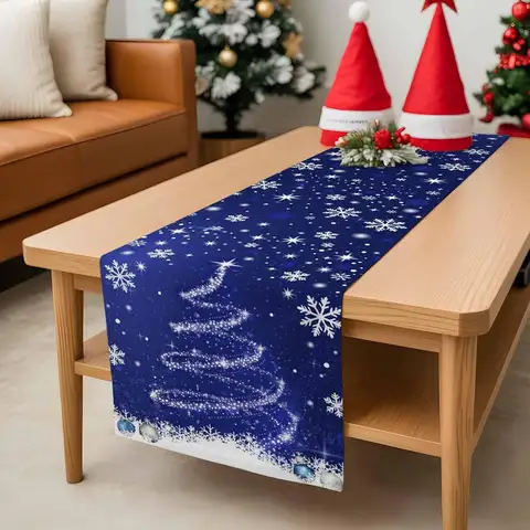 Christmas Snowflake Xmas Tree Navy Blue Linen Table Runners Party Decor Winter Kitchen Dining Table Runner Christmas Decorations