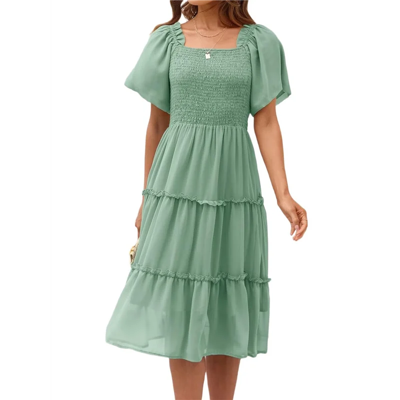 AOAO-Women's Summer Casual Flutter Sleeve Square Neck Smocked Midi Dress