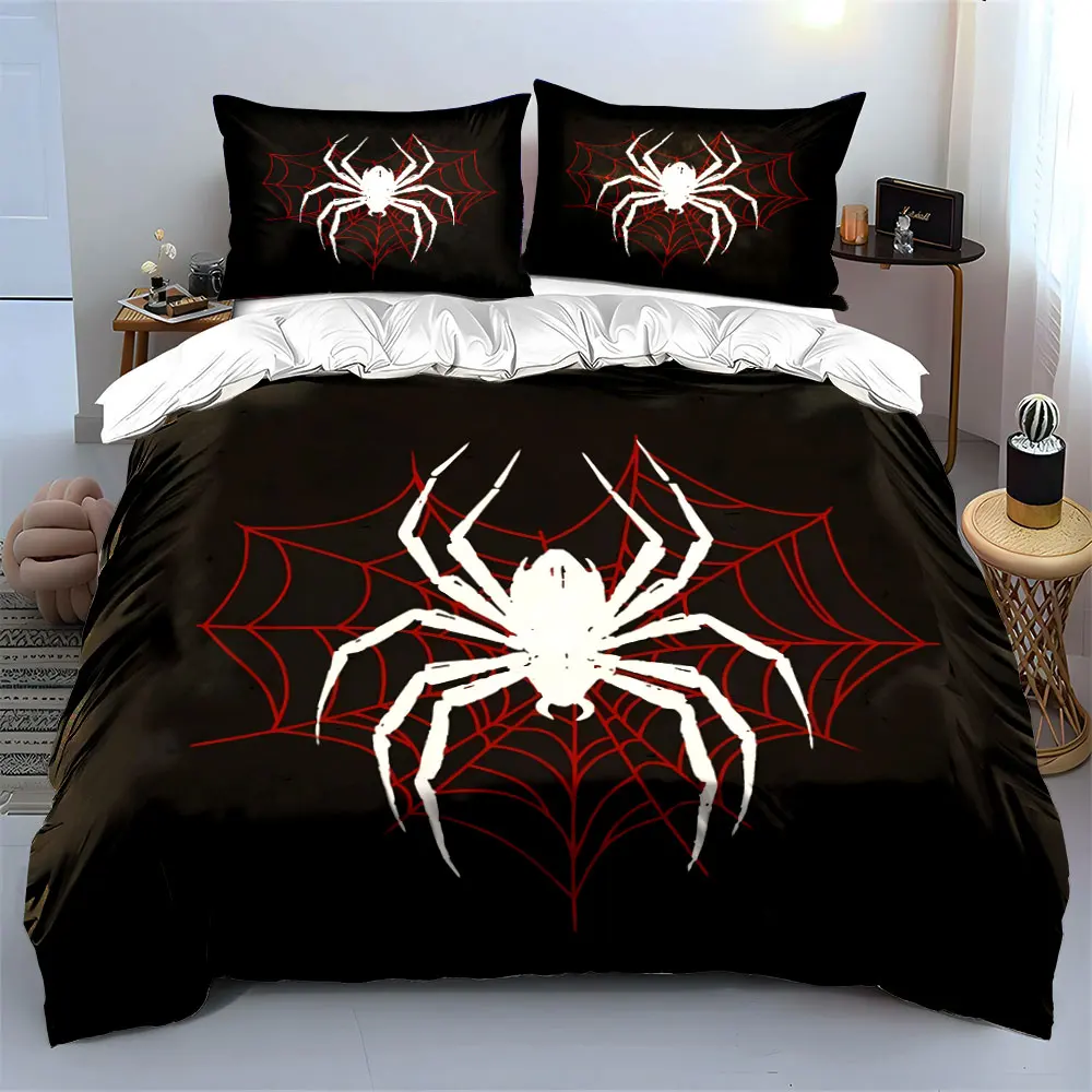 White spider with red web Pattern Duvet Cover Set Digital Print Colorful Polyester Bedding with Zipper Closur for kids gifts