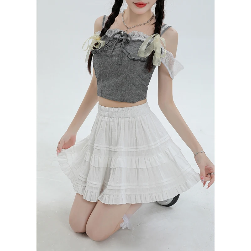 

Spicy Girl Fold Cake Short Women's Skirt 2024 New Summer Fluffy Short Children's White Skirts Korean Fashion Clothing Woman