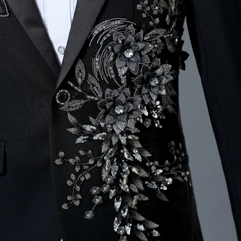 Mens Floral Sequin Black Tuxedo Suits With Pants Party Wedding Groom 2 Pieces Suit Male Stage Prom Suit Costume