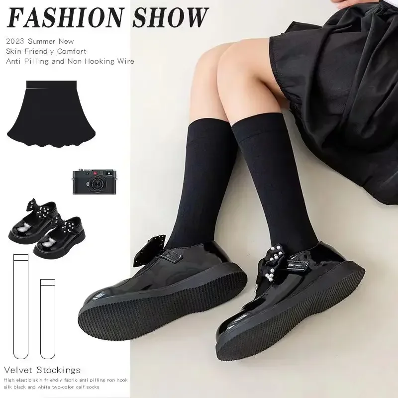 Girl Black Velvet JK Socks Japanese High Tube Stockings Summer Thin Children's Knee Hosiery Young Girl's Academic Style Leggings