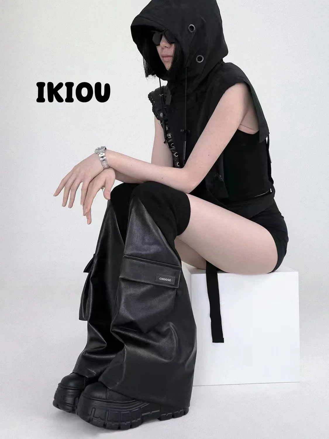 IKIOU Dark PU Leather Leg Warmers, Street Style Over The Knee Socks With Flap Pockets, Women's Stockings & Hosiery