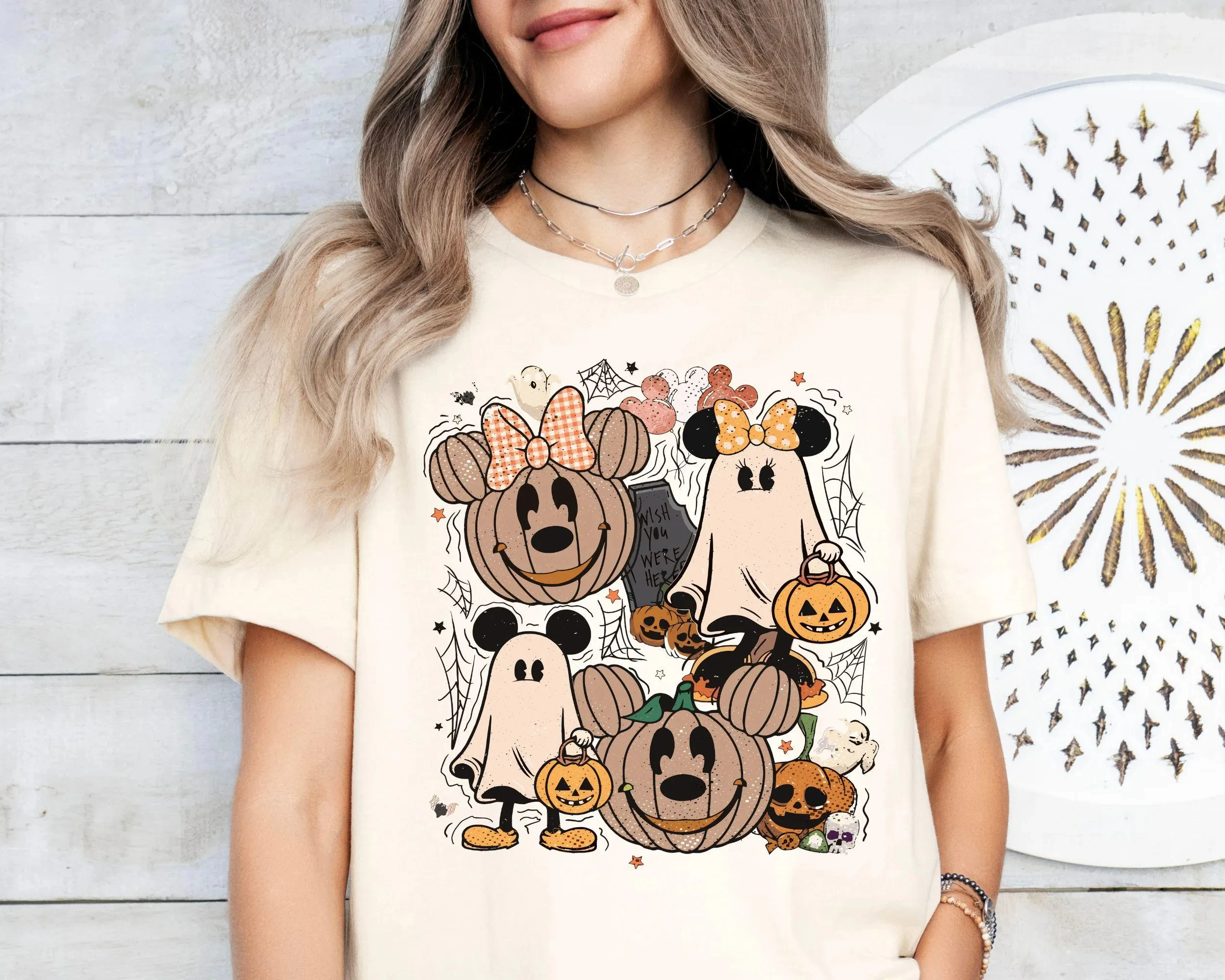 2026 new Round-neck Halloween ghost pumpkin bowtie pattern T-shirt, autumn women's casual vacation blouse