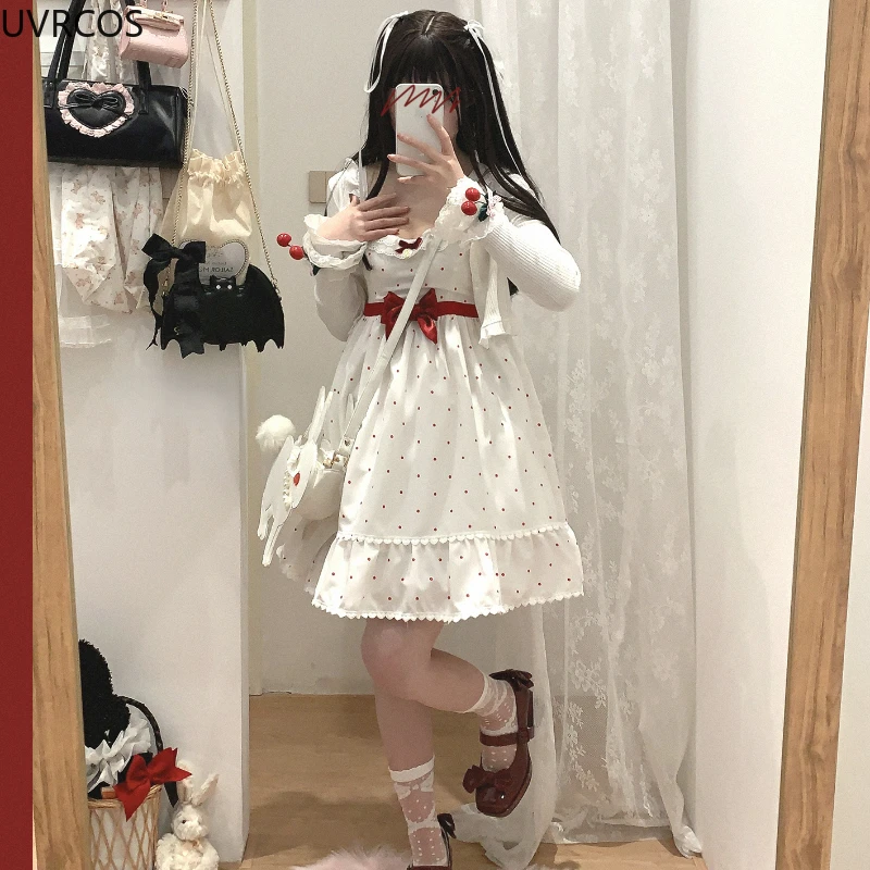 Japanese Kawaii Lolita Style Jsk Dress Women Sweet Bow Polka Dot Print Princess Dresses Cute Lace Ruffles Sleeveless Party Dress