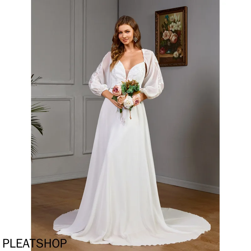 

European and American Women's Sexy Long-sleeved V-neck Wedding Dress with Lace and Train