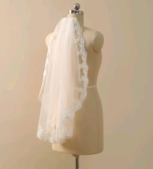 MES-Voile de mariée court avec dentelle, voile de mariée avec une couche de couleur ivoire, longueur du coude, longueur des hanches, voile doux