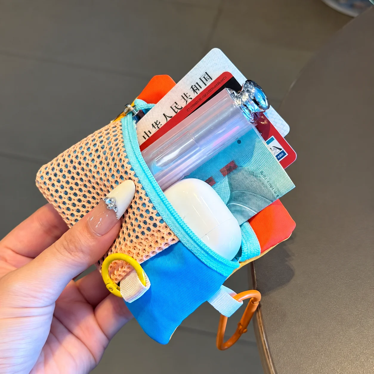 Mini Coin Purse Breathable Mini Storage Bag Nylon Coin Purse Color Block Zipper Coin Bag For School Cards Bluetooth Earphones