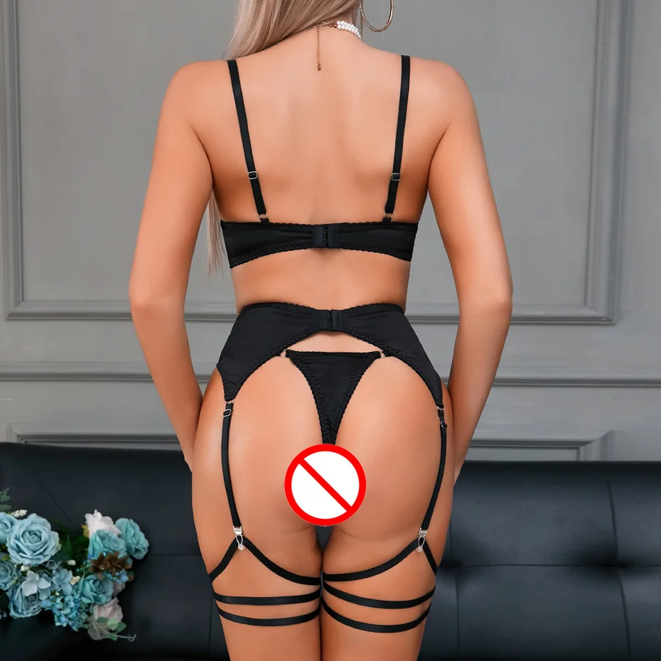 JSY Sexy Lingerie Women Underwear Set Black Embroidery Lace Bra And Pant Set Garter Erotic Brief Set Porno Costume Outfit