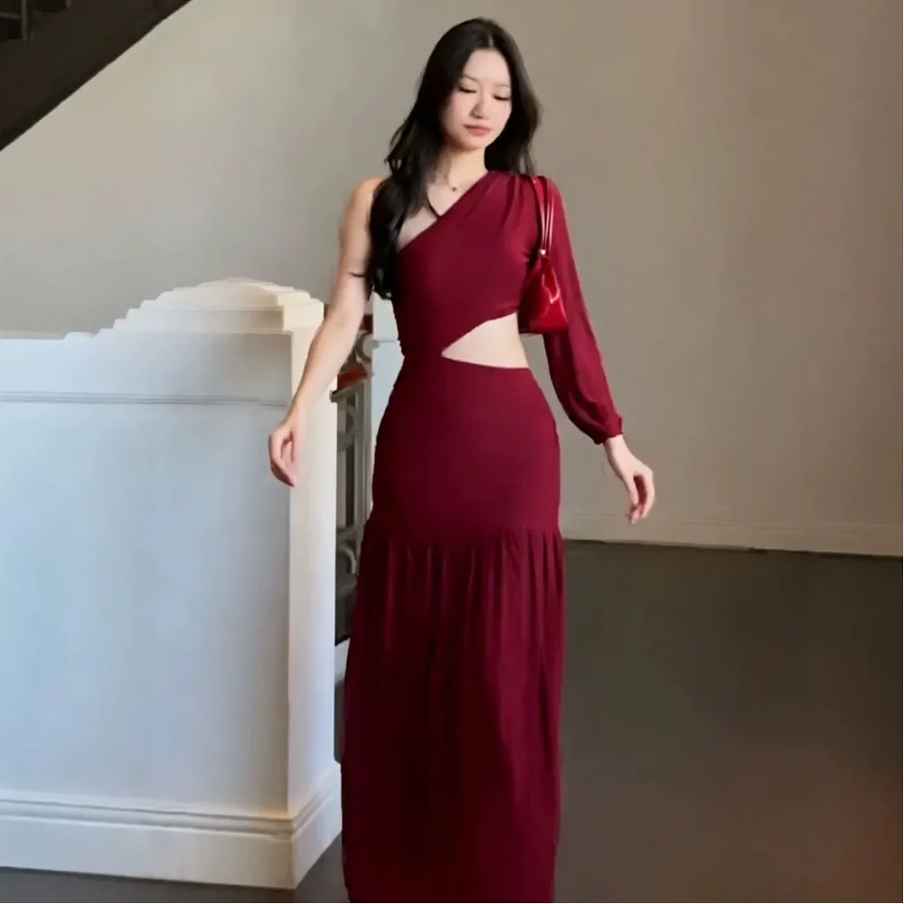 

Women's One Shoulder Dress Summer Evening Dress Bodycon Ruched Side Slit Midi Dress Satin Dresses
