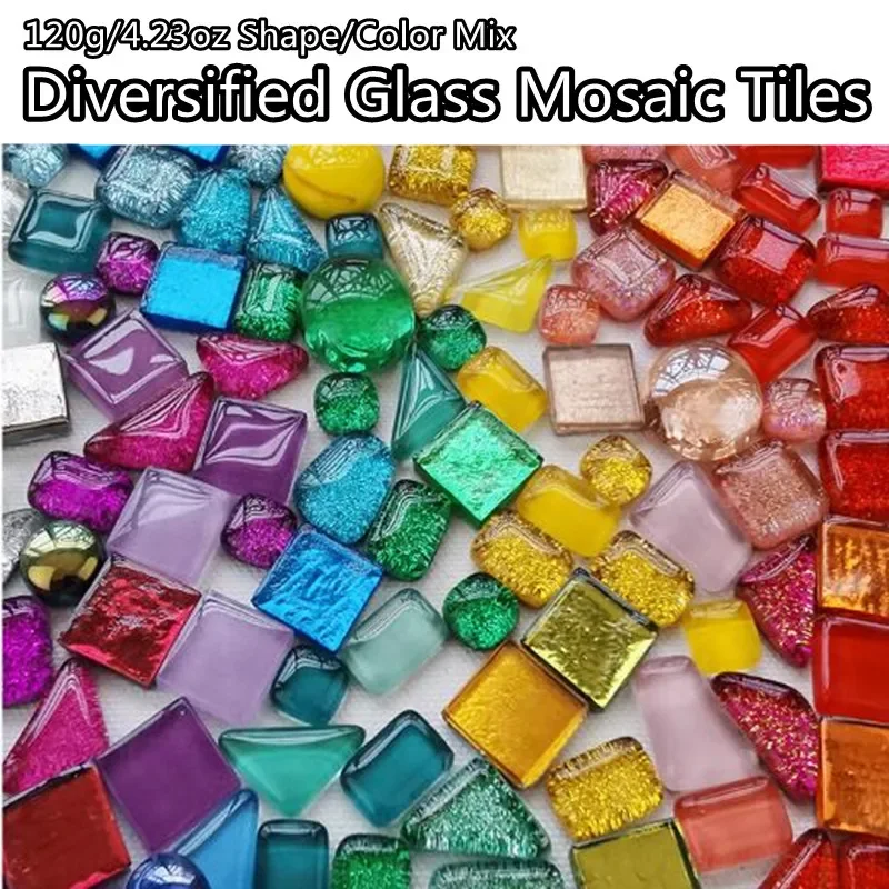 120g/4.23oz Diversified Glass Mosaic Tiles Shape/Color Mix Tile Round/Triangle/Square DIY Mosaic Craft Shiny Materials