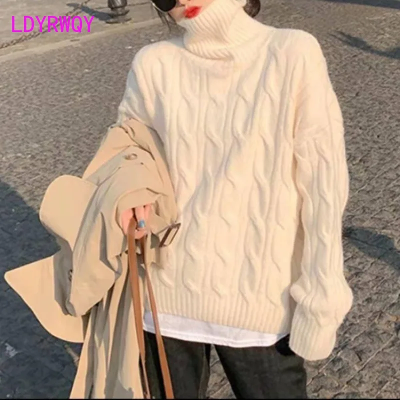 Autumn and winter 2022 new style high neck Fried Dough Twists sweater women loose thickened knitwear solid color bottoming