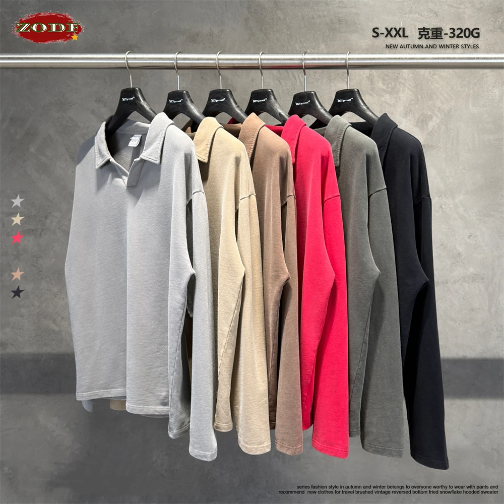 ZODF Retro Autumn Washed 320gsm Cotton T-Shirt For Men Unisex Distressed V Neck Turn Down Collar Long Sleeve T Shirts HY1326