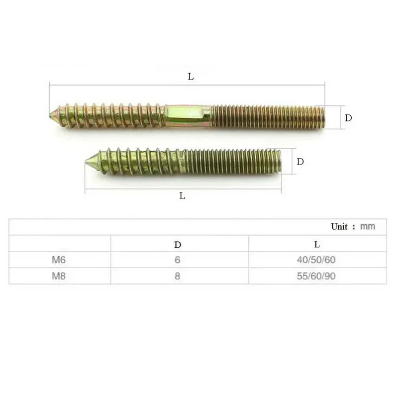 1/2/3/4/5/8/10Pcs M6 M8 Hanger Bolt Wood To Metal Dowels Double Ended Furniture Fixing Self Tapping Screws Wood Thread Stud