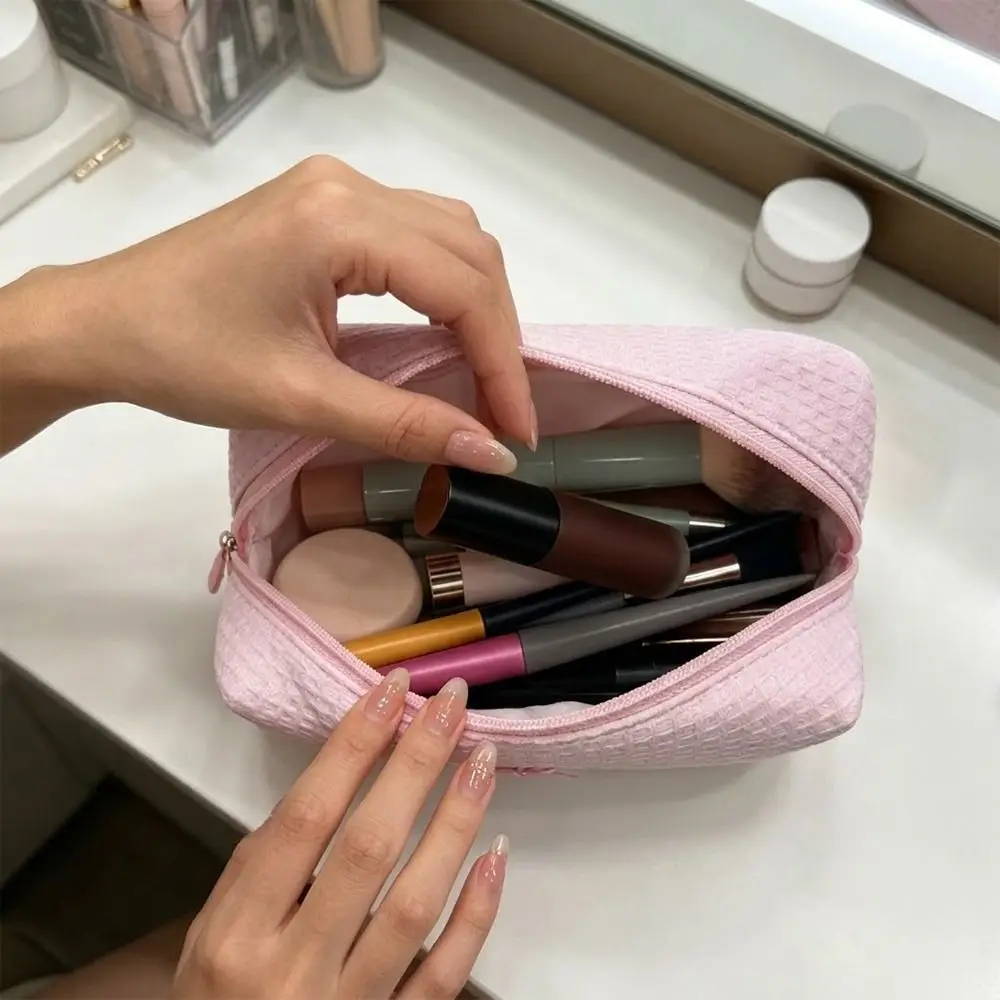 1pc High Quality Waffle Knit Makeup Bag Bow Large Capacity Cosmetic Bag Makeup Pouch Home Travel
