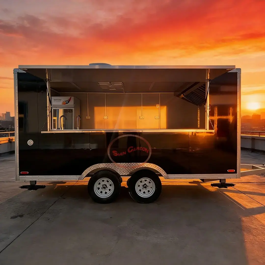 

Black Double Axle Mobile Food Trailer Stainless Steel Kitchen Cart Catering Truck for Business Use