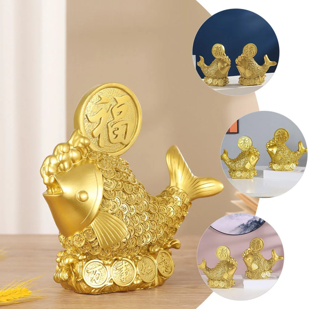 

Golden Resin Fish Auspicious Statue Desktop Animal Ornament Car Interior Decor Home Office Shelf Decoration Vintage