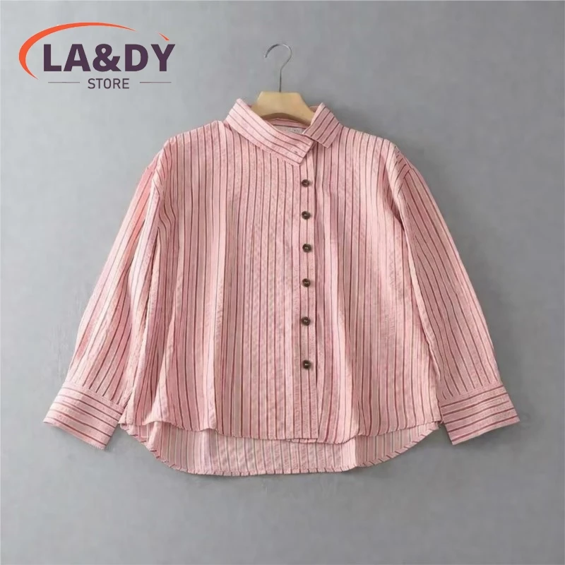 Women's Striped High Neck Button-Up Blouse Top with Long Sleeves