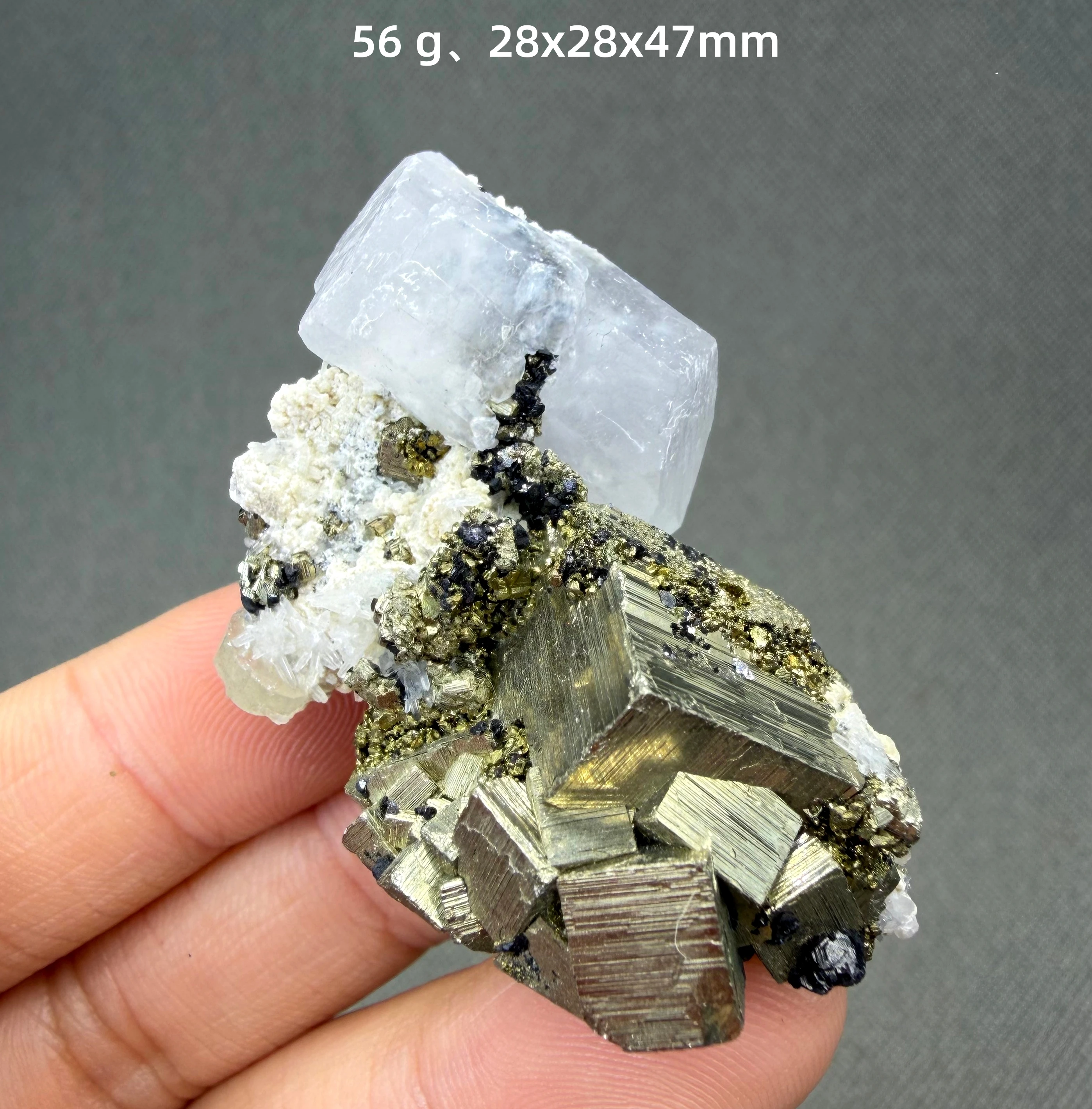 38 g Natural Polyhedral Pyrite with Fluorescent Calcite mineral specimen + healing quartz crystals and stones rock