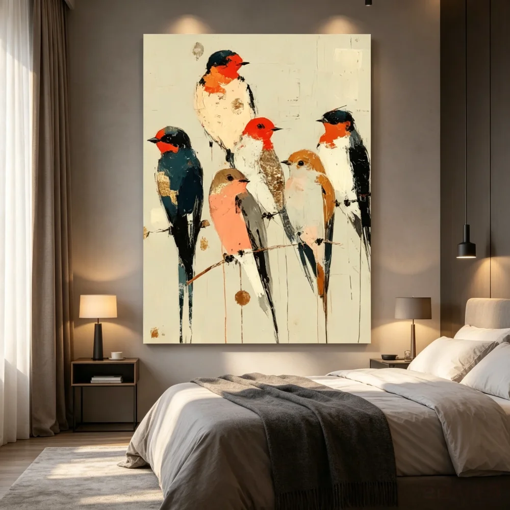 Abstract Birds on Branch Canvas Painting Wall Art Rustic Bird Painting Modern Swallow Poster Print Colorful Avian Home Decor