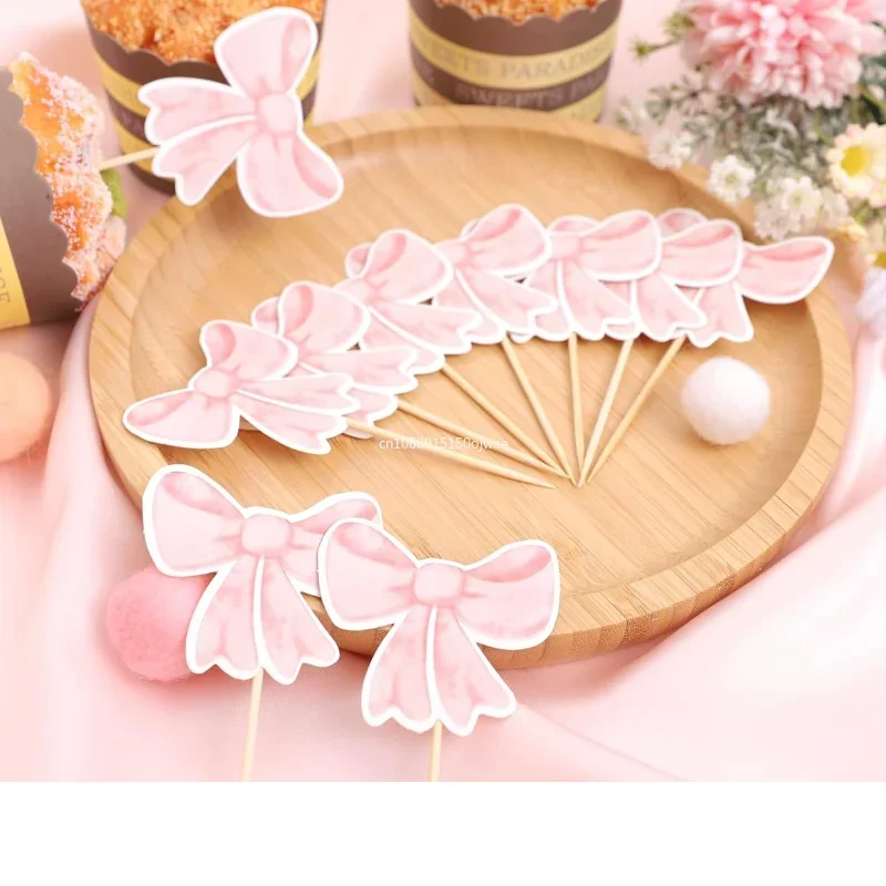 リボンカップケーキトッパー、ピンクリボンコケット誕生日ケーキデコレーション、独身ブライダル婚約結婚式女の子ベビーシャワー 생일초