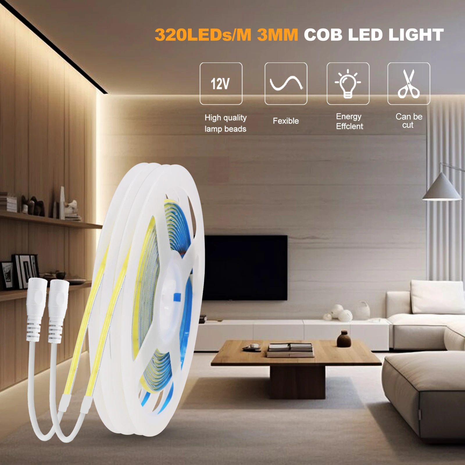 COB LED Strip Light 320LEDs/m High Density Flexible Tape Ribbon 3000-6500K LED Strip Light DC 12V Powered for USB/2Pin Wire/DC