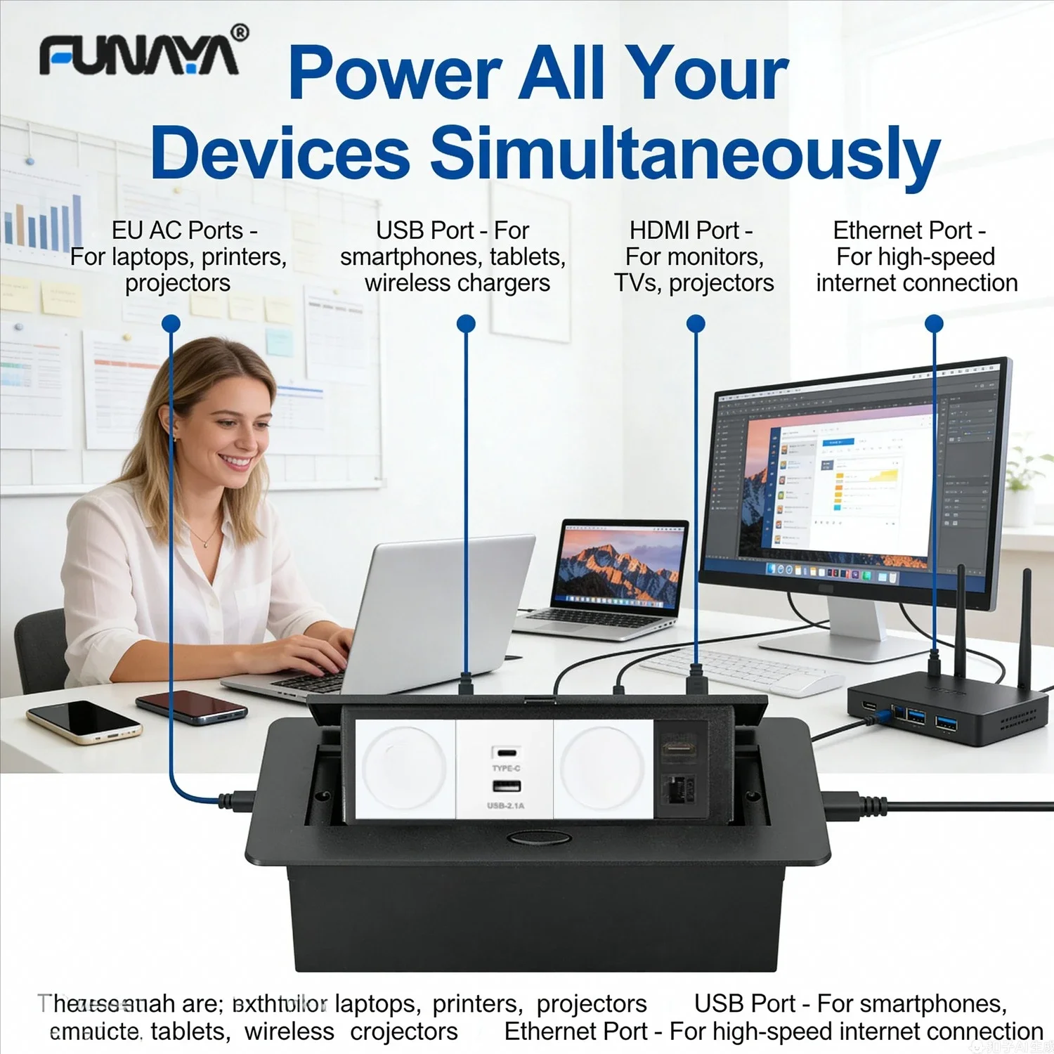 FUNAYA Pop Up Socket UK Universal EU US AU FR Israel BR Italy Hidden Outlet with USB Typec Ethernet RJ45 HDMI Countertop Desktop