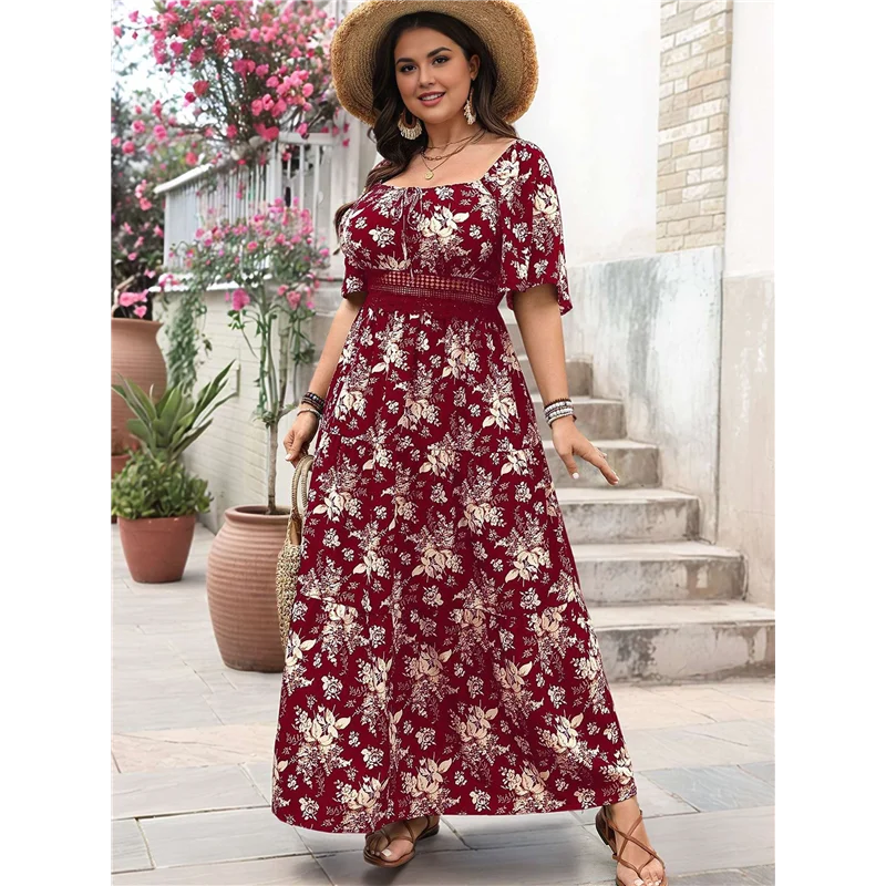 【SEE】여성용 짧은 소매 꽃무늬 드레스 스퀘어 넥 레이스 컷아웃 아일렛 빈티지 Boho Maxi Long 2025