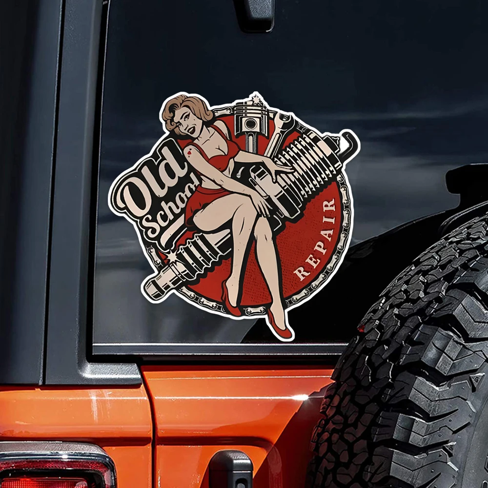 12x12cm, Vintage Old School Repair Sticker with Classic Car and Mechanical Elements - Durable and Weatherproof Decal