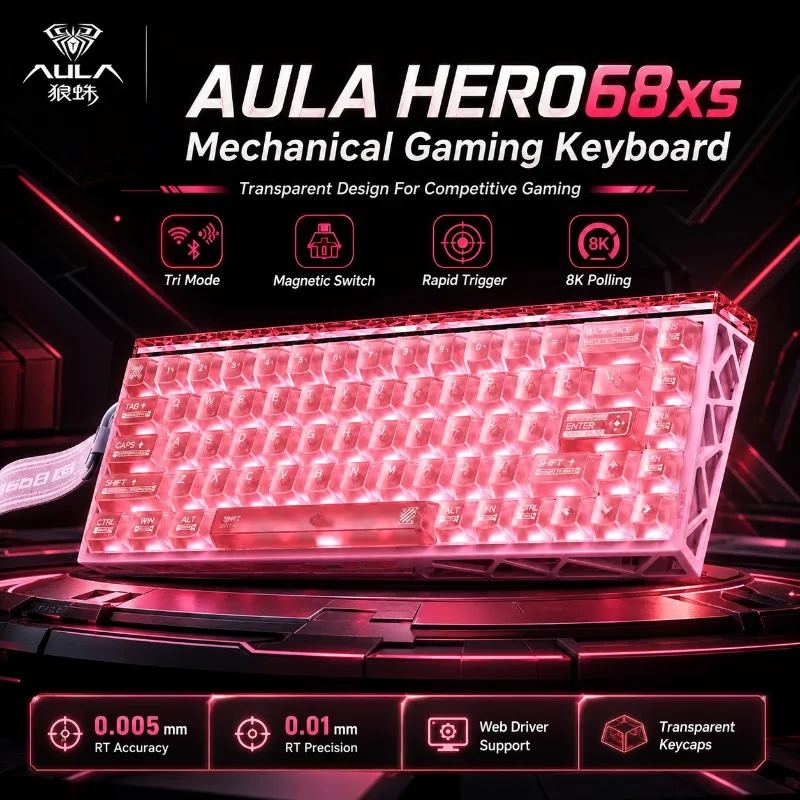 New AULA HERO68XS Magnetic Switch Mechanical Keyboard Tri Mode Wireless 8K Polling Rate Transparent ARGB Rapid Trigger Keyboard