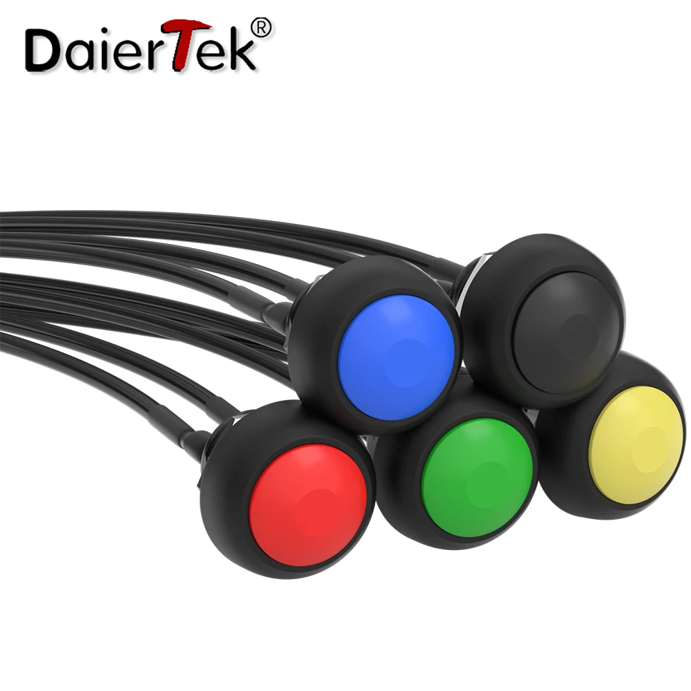 DaierTek 5 uds 12mm interruptor de botón momentáneo encendido apagado Mini interruptor redondo impermeable PBS-33B 3A 125V AC con cable presoldado