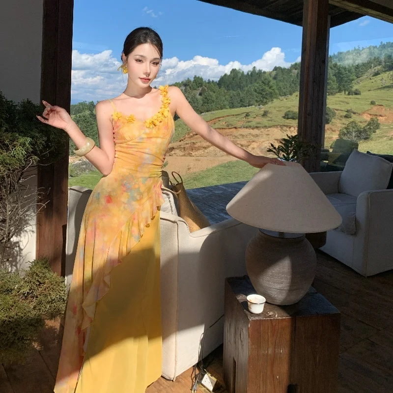 Women Monet's Garden Yellow Floral Tulle Bodycon Evening Dress Asymmetry Gown 3D Flower Elegant Luxury Party Prom Vestidos Robe