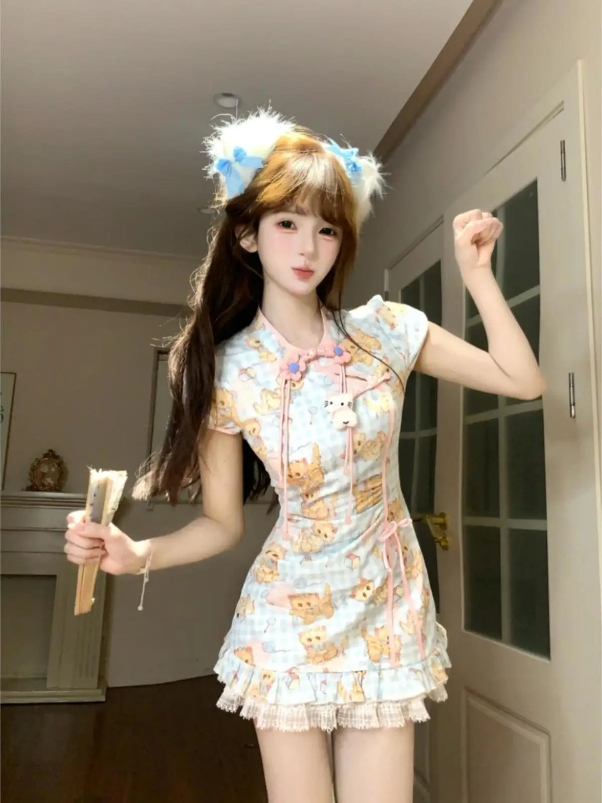 

Новое короткое платье в китайском стиле, летнее облегающее кружевное платье Ципао, сладкий Cheongsam с цветочным принтом для девочек