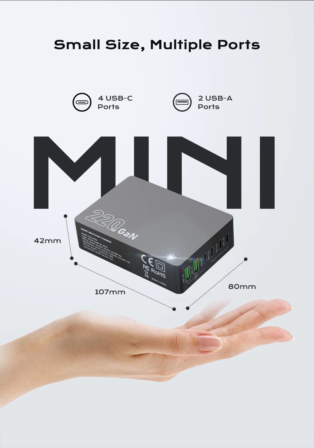220W GaN Desktop-Ladegerät mit 6 Anschlüssen, PD 100W USB Typ C QC 3.0 Schnellladestation für iPhone 17 Pro, Tablet, MacBook, Samsung Laptop – Detail 10