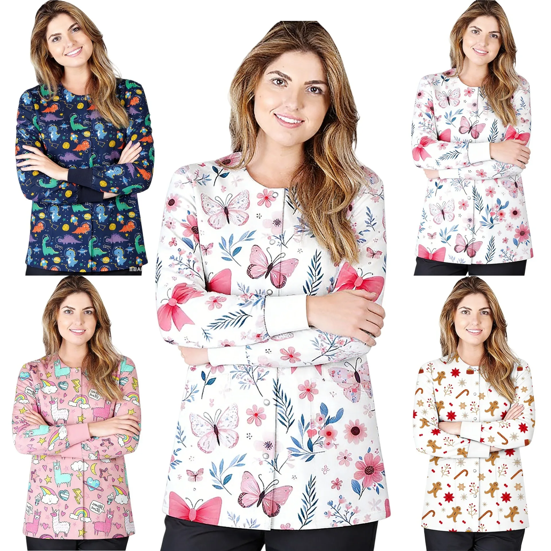 

Stretch printed long-sleeved round-neck washable shirt with hidden buttons, nurse uniform for pet hospitals