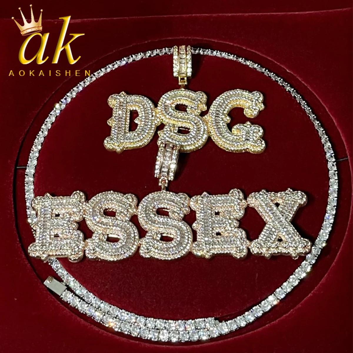 Aokaishen Custom Name Iced Out Baguette Initial Letter Pendant Chain Cubic Zirconia Necklace For Women Hip Hop Rock Jewelry