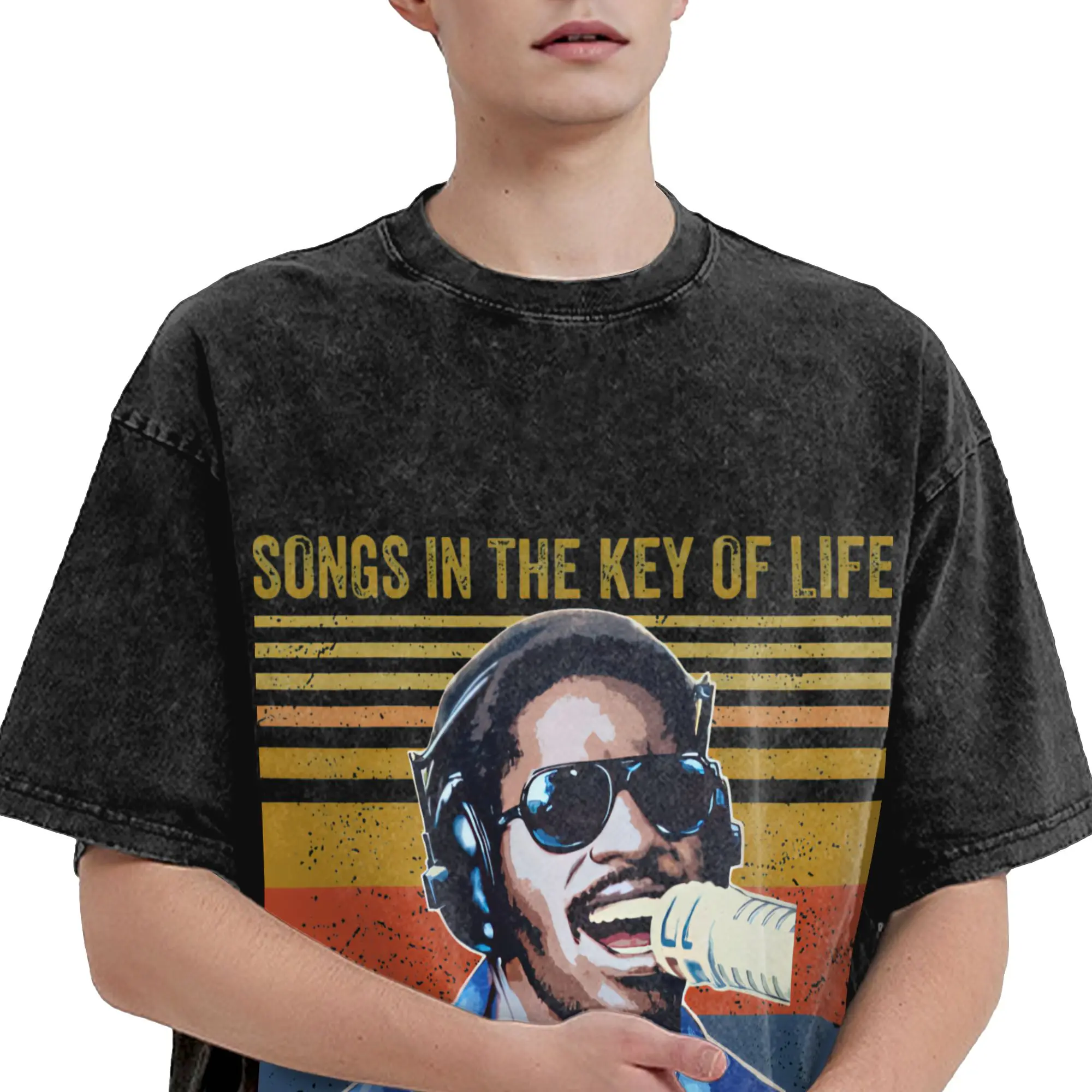 Printed Stevie Wonder Songs in The Key of Life 50th Anniversary Tour  Washed Shirts Merch Oversize T-Shirts  Men Women Tee