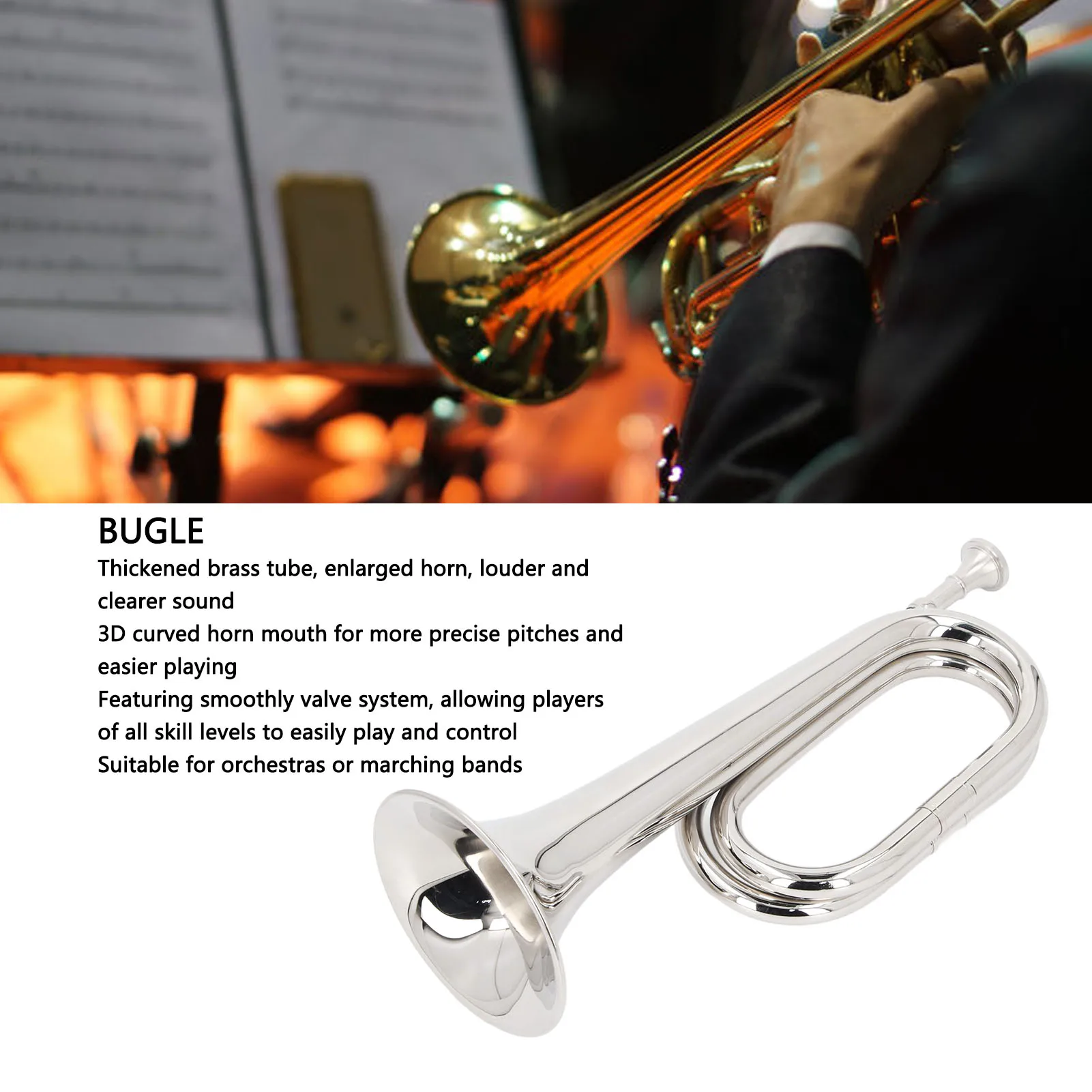 

Bugle C Key 11cm Diameter Mouthpiece 34cm Height Silver Brass Military Trumpet for Orchestra Marching Band Cavalry Trumpet Bugle