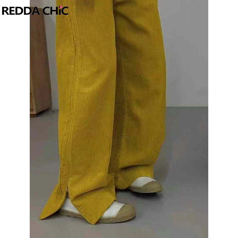 REDDACHiC Pantalones de pana para mujer con cremallera dividida, pantalones largos de tiro alto de pierna ancha lisos amarillos a rayas, ropa Retro para Otoño e Invierno