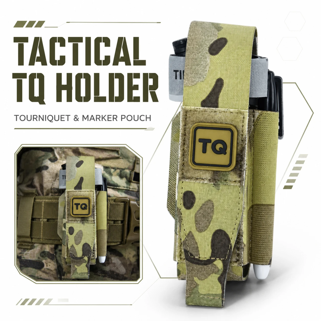 Tactical Tourniquet Holder Pouch for IFAK Medical Gear, Molle & Belt Compatible, Multicam with TQ Mark and Marker Slot