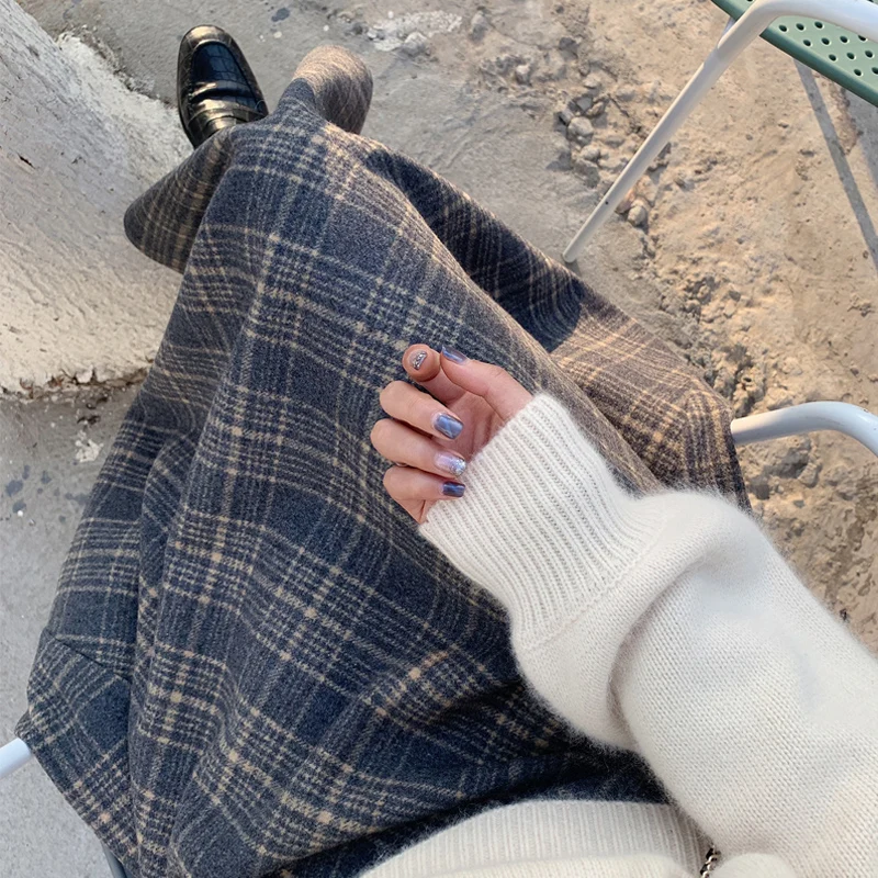 

Юбка А-силуэта с высокой талией для женщин, из твидового материала в клетку, осенне-зимняя, для делового стиля и повседневной носки