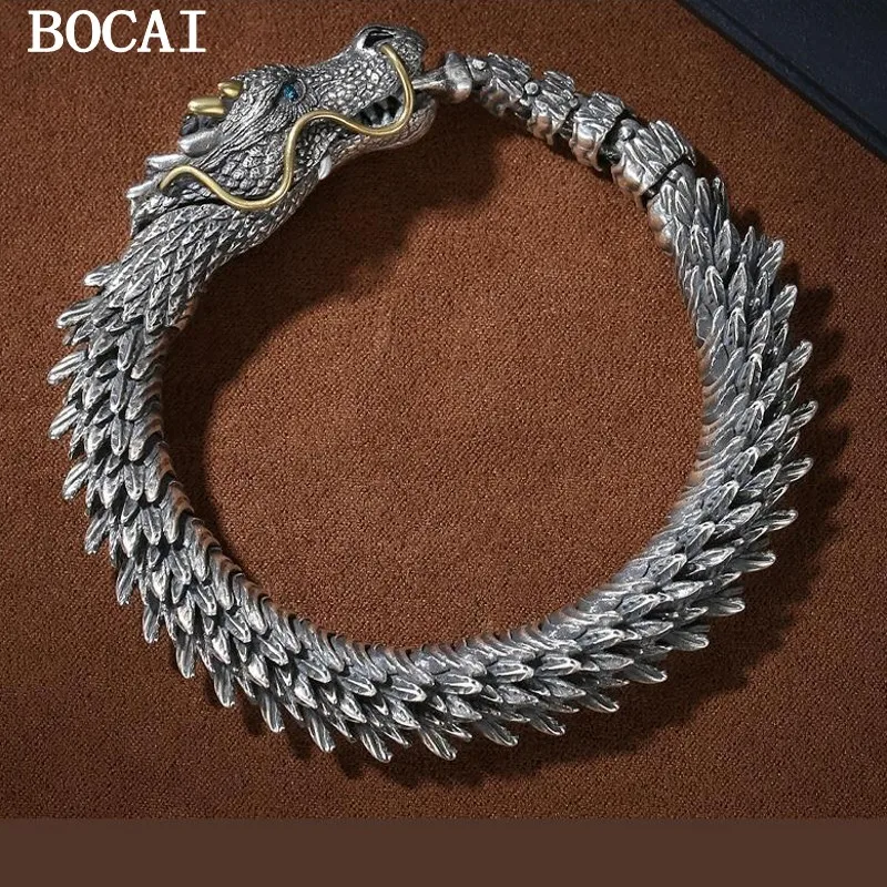 S925 Sterling Silver Vintage Personality Hegemony China-Chic Style Men's Dragon Scale Dragon Head Bracelet