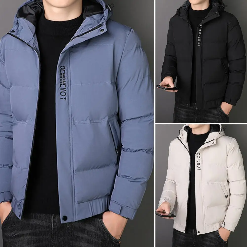 Winter Men Cotton Padded Jacket Solid Color Letter Drawstring Hooded Thicken Coat Coldproof Pockets Jacket Streetwear