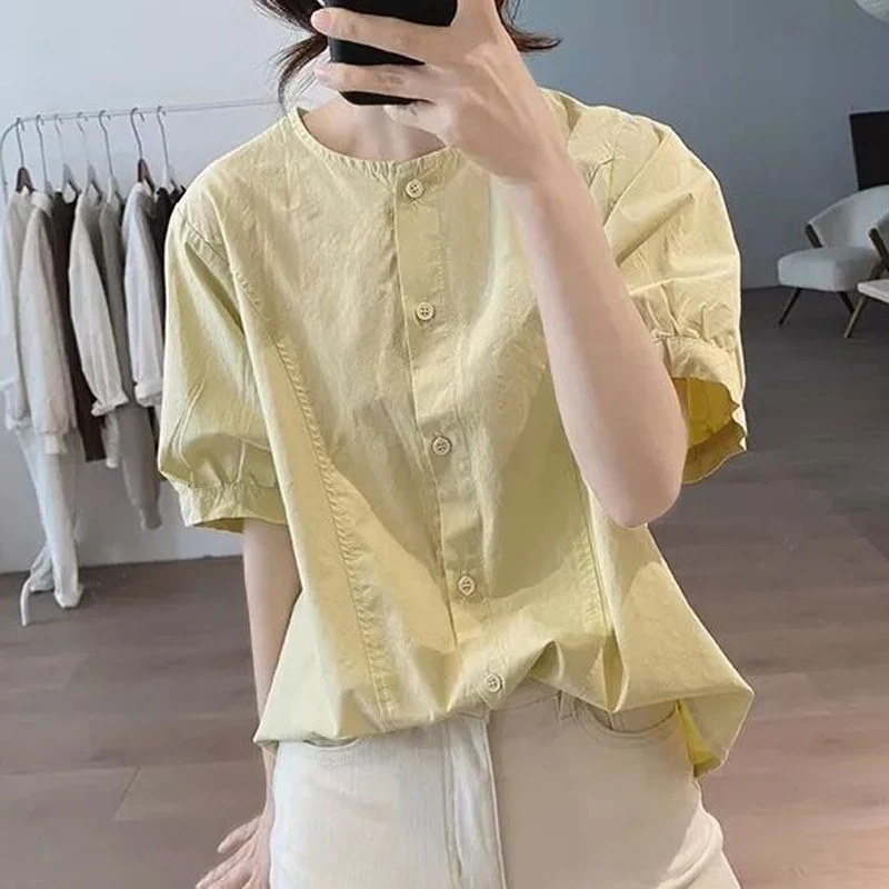 Women\'s Trendy Simple Casual Button Up Shirt Vintage O Neck Short Sleeve Blouse Solid Loose Cotton Tops 2024 Summer Blusas Mujer