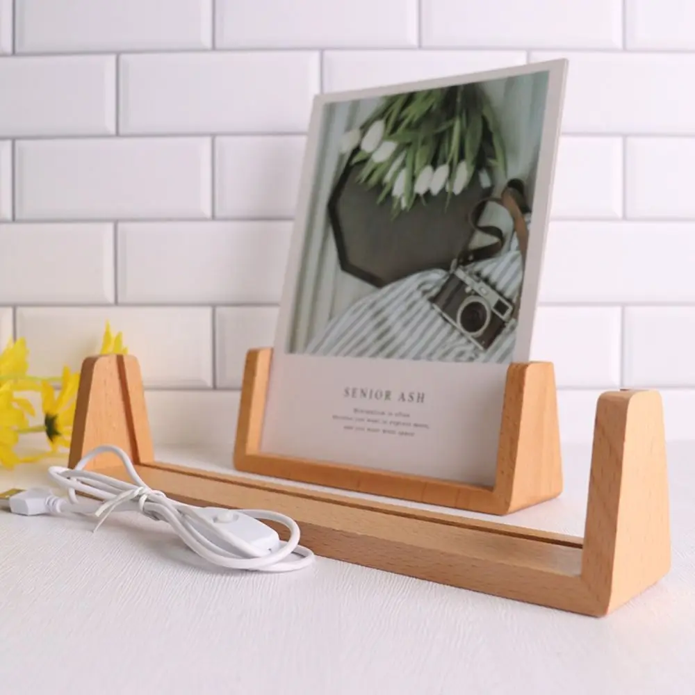 Warm Light Wooden Lighted Base Non-slip U-Shape Design LED Lighted Stand USB Plug in Multi-functional Lighted Picture Frame